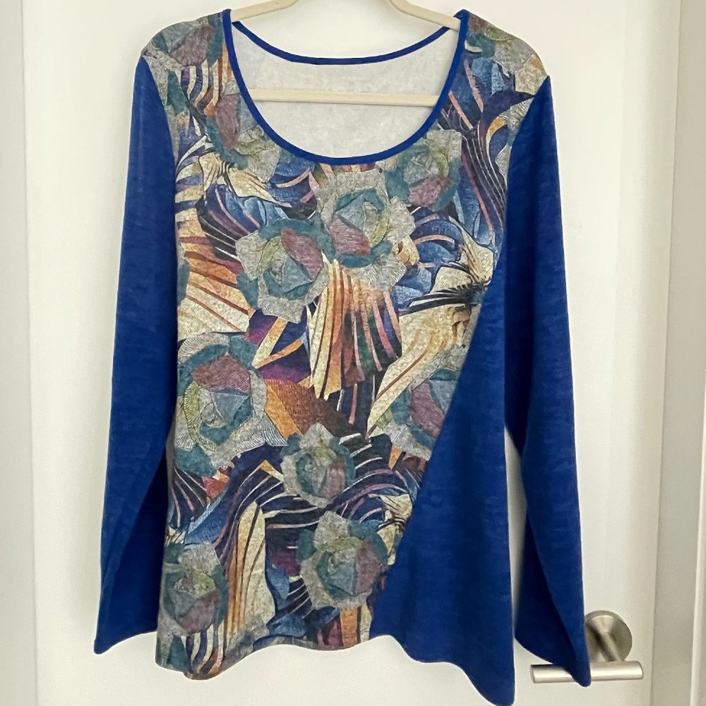 Long Sleeve Round Neck Tunic Royal Blue Abstract Pattern XL